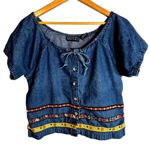 VTG Zoey & Beth Embroidered Button Up Cropped Denim Shirt BOHO Short Sleeve L